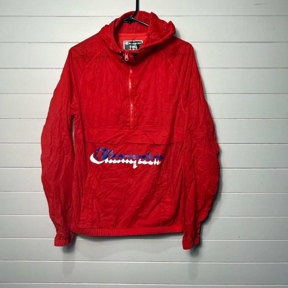 Champion Packable Half Zip Mens Small Red Nylon Hooded Windbreaker Jacket